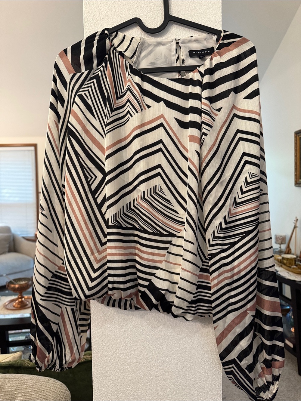 Pleione Geometric Stripe Blouse in Black, White & Blush